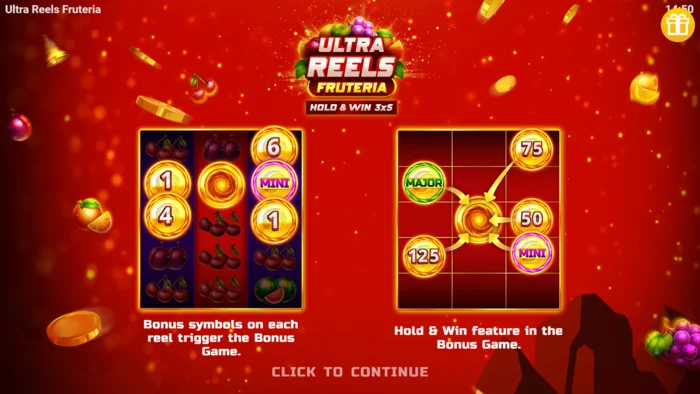 Ultra Reels Fruteria - หน้าจอเริ่มต้นและปุ่มเล่น